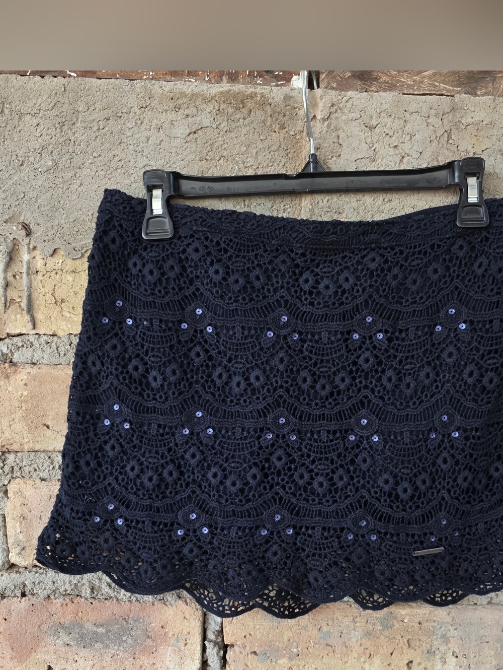 Abercrombie & Fitch Navy Crochet Lace Sequin Mini Skirt Scalloped Hem Size M